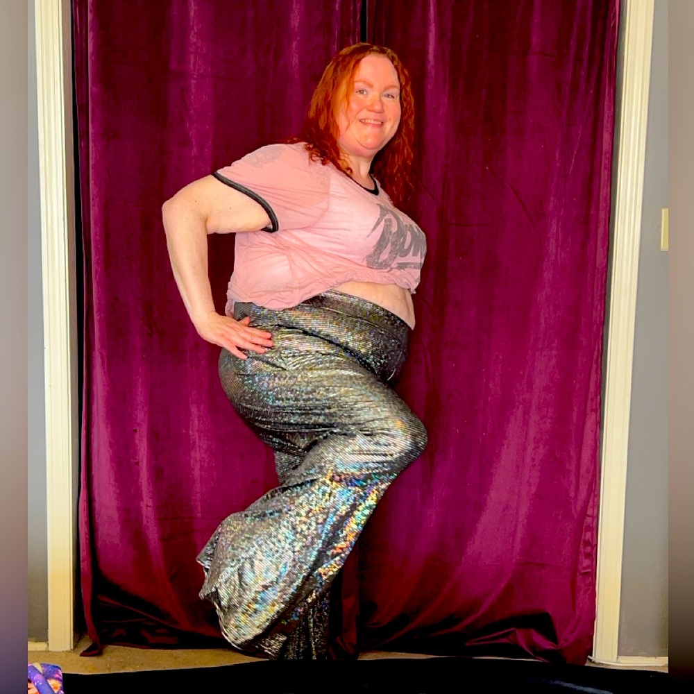 Simply Be - High Waisted Disco Bell Bottoms- Silver like a disco ball- NWT!